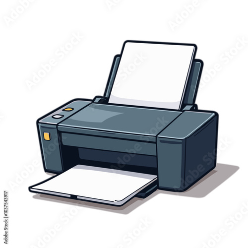 Dark blue desktop printer icon with paper on white background, office equipment concept