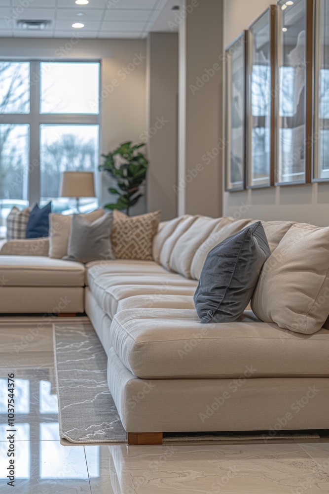 A contemporary living room with large windows, soft beige sectional sofa, patterned throw pillows, indoor plants, and framed wall art displaying a cozy, sophisticated ambiance A contemporary living room with large windows, soft beige sectional sofa, patterned throw pillows, indoor plants, and framed wall art displaying a cozy, sophisticated ambiance