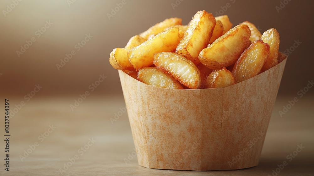A container filled with golden, crispy potato bites, ideal for snacking or sharing. A container filled with golden, crispy potato bites, ideal for snacking or sharing.