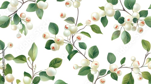 Seamless pattern with snowberry branches growing on white background