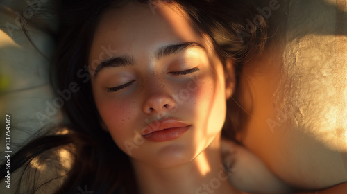  woman with closed eyes, lying on a bed, bathed in golden light