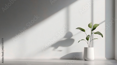 Sunlight & Serenity: A simple, elegant, and minimalist interior design concept with a potted plant bathed in warm, natural light.