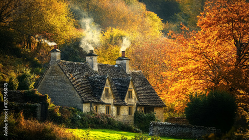 Autumn cottage in the English countryside style, old village architecture, autumnal nature beauty