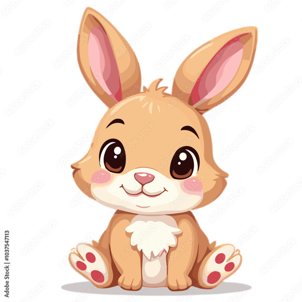 Fototapeta premium Cute cartoon rabbit, playful mood, sitting pose with paws visible on white background