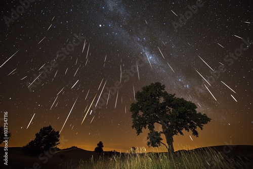 Ciel nocturne spectaculaire avec des centaines d'étoiles filantes illuminant la voûte céleste
