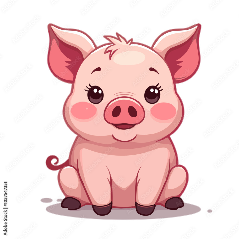 Cheerful cartoon pig sitting with curly tail against white background Cheerful cartoon pig sitting with curly tail against white background