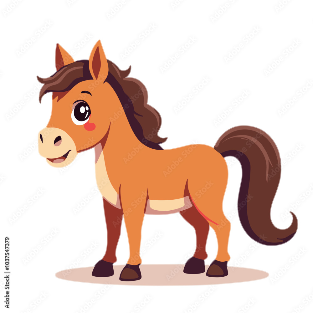 Smiling cartoon pony with short mane standing against white background Smiling cartoon pony with short mane standing against white background