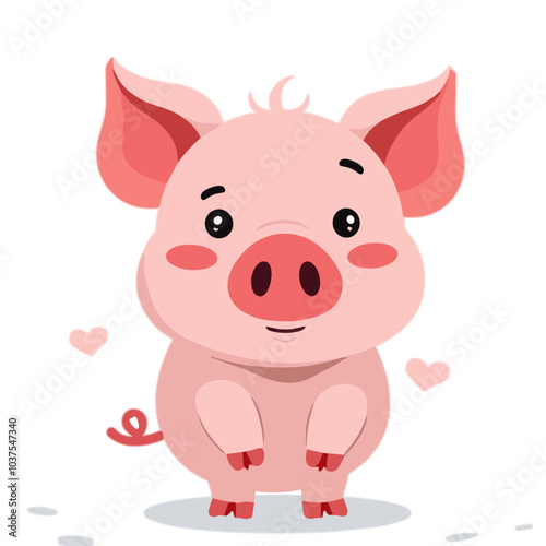 Adorable pink piglet smiling with hearts against white background