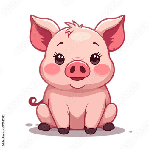 Cheerful cartoon pig sitting with curly tail against white background