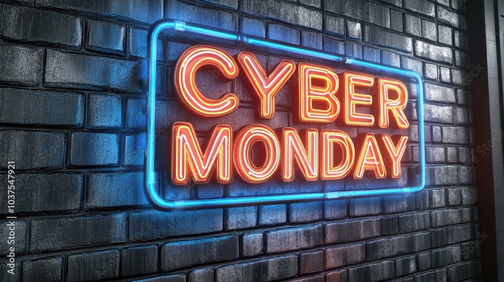 Obraz premium 3D rendering of Cyber Monday neon sign on dark grey brick wall