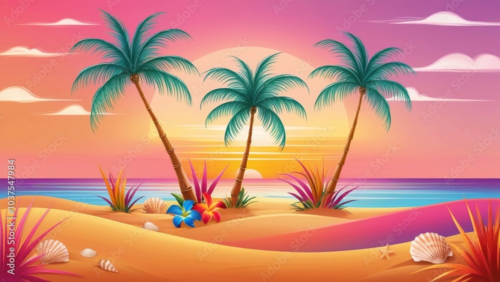 Naklejka premium Tropical Palm Trees at Sunset Art
