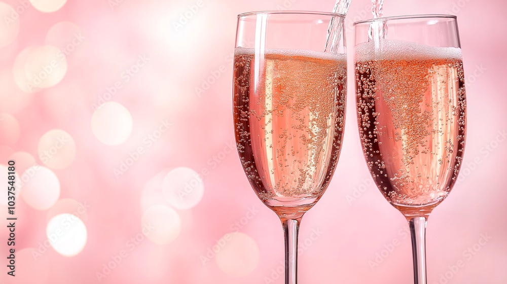 glasses of champagne on table against blurred pink background glasses of champagne on table against blurred pink background