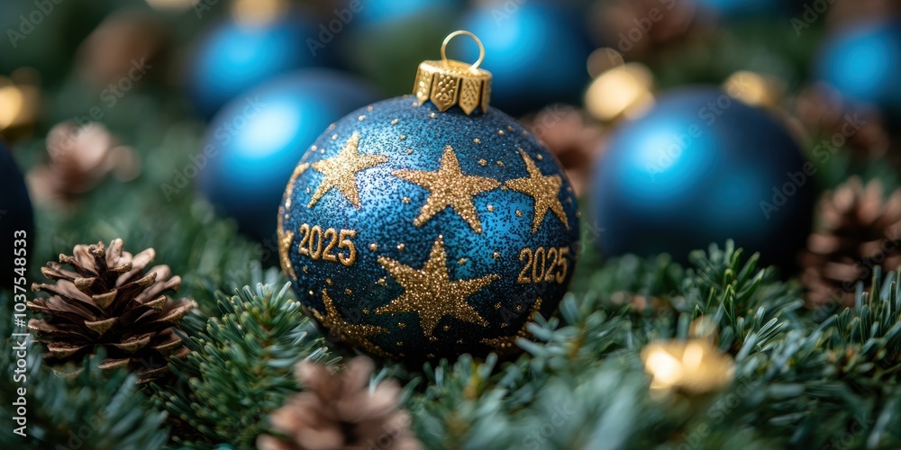 Sparkling Christmas ornament with gold stars and the year 2025 surrounded by festive greenery and pine cones, capturing the holiday spirit Sparkling Christmas ornament with gold stars and the year 2025 surrounded by festive greenery and pine cones, capturing the holiday spirit
