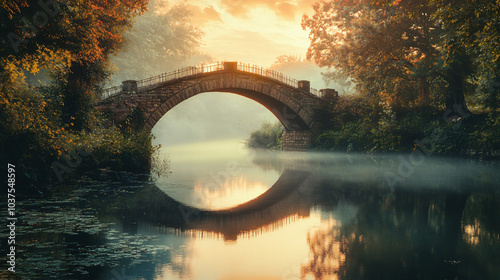 A historic bridge arching over a serene river, adding charm to the landscape.