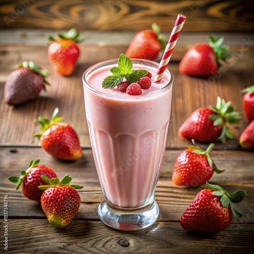 Fresh strawberry milkshake with raspberries served in a tall glass on wooden table. Generative AI