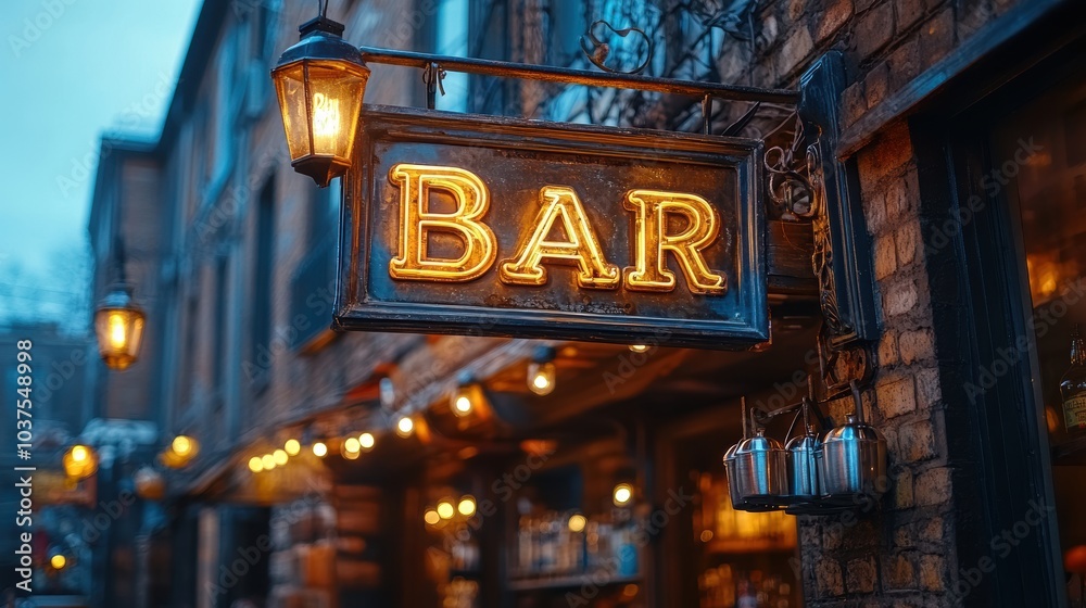 Obraz premium The neon-lit exterior sign of a bustling bar in an urban setting captures the lively atmosphere and classic charm of city nightlife