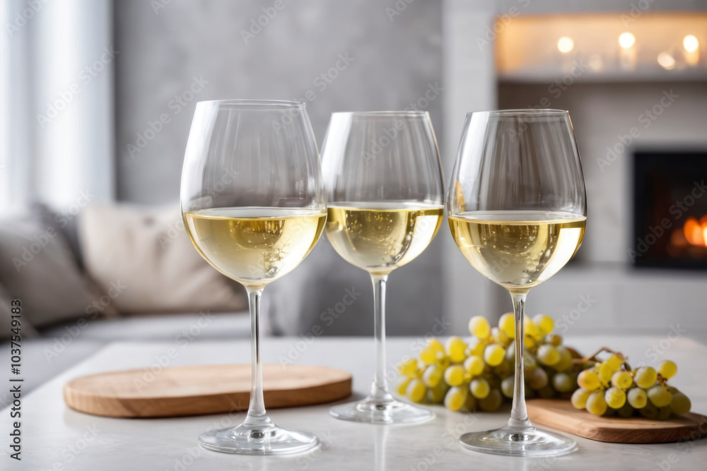 Three glasses of white wine on table with grapes in cozy, defocused interior background. Soft lighting and warmth from fireplace, inviting and relaxing atmosphere. For celebration and gatherings Three glasses of white wine on table with grapes in cozy, defocused interior background. Soft lighting and warmth from fireplace, inviting and relaxing atmosphere. For celebration and gatherings
