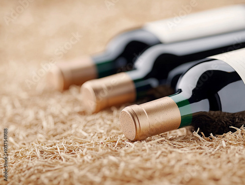 
Closeup shot of wineshelf. Bottles lay over straw photo