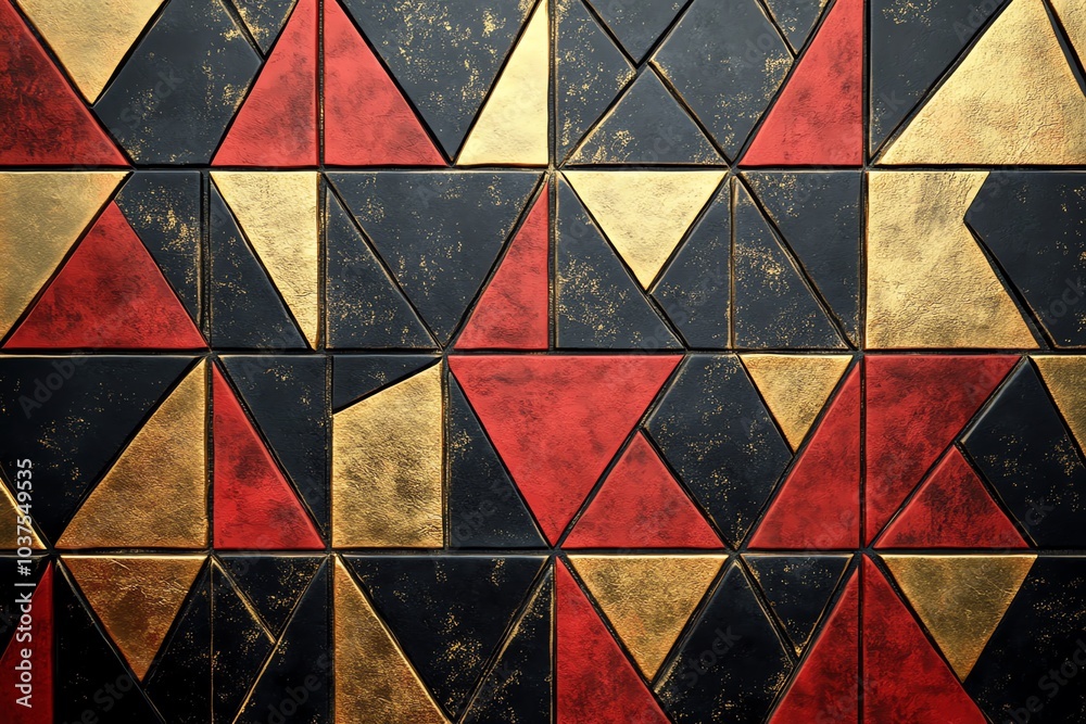 Fond d'écran motifs triangulaires dorés et rouges sur fond noir
