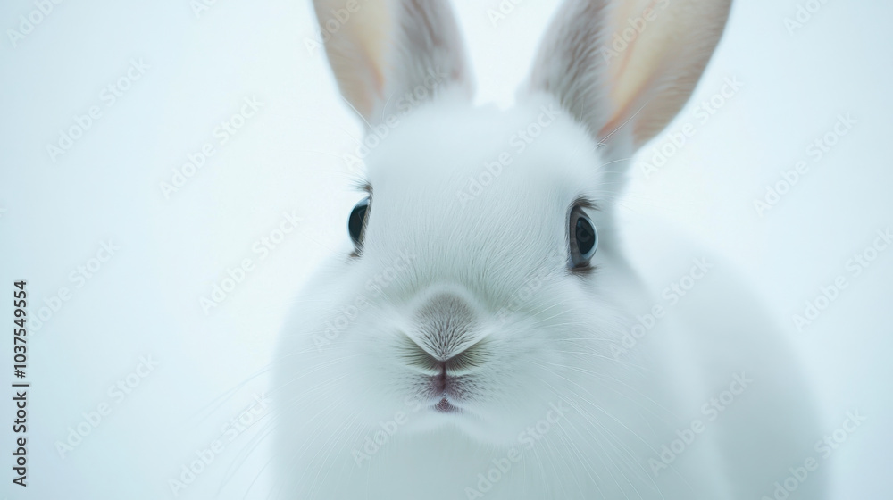 Obraz premium Close-up of adorable fluffy white rabbit with soft ears and curious eyes
