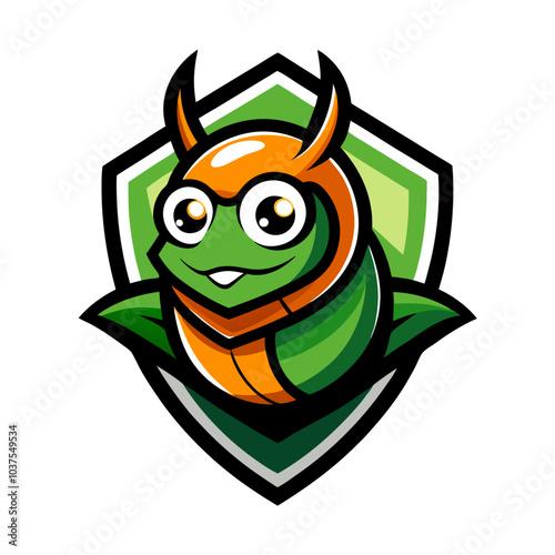 A charming cartoon green insect mascot character with a vibrant green body, orange segmented details, big round eyes, and a friendly smile