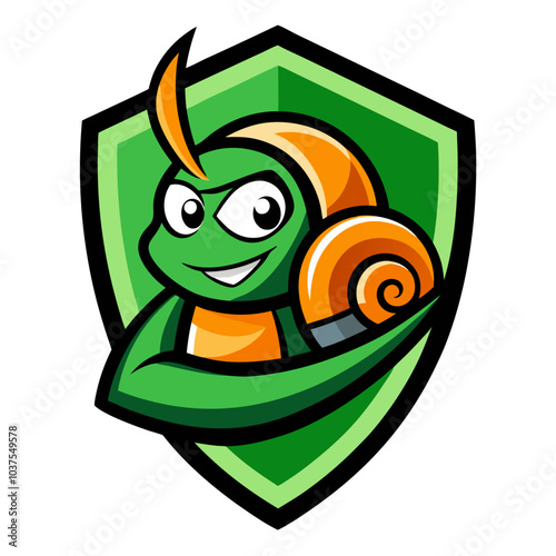  A cartoon snail mascot, radiating a confident and secure vibe within a vibrant green shield.