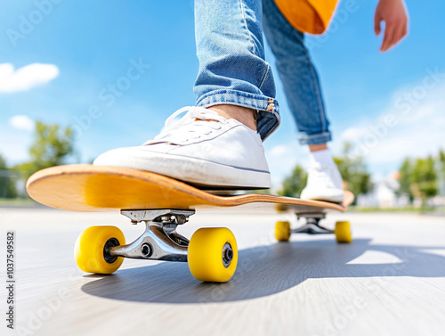 
Close up on legs and skateboard of man skating in city.  photo