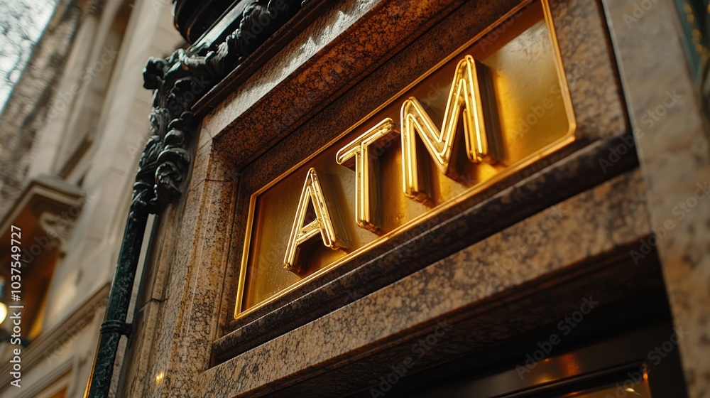 Obraz premium A golden ATM sign mounted on a marble wall outside a building exemplifies luxurious financial services infrastructure in an urban setting