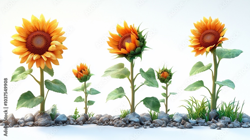 Obraz premium A series of sunflowers at different growth stages, set against a light background.