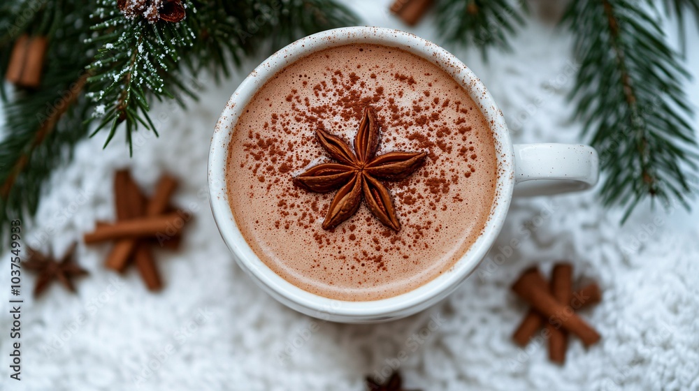 A Cup of Hot Chocolate Decorated with Cinnamon and a Star Anise A Cup of Hot Chocolate Decorated with Cinnamon and a Star Anise