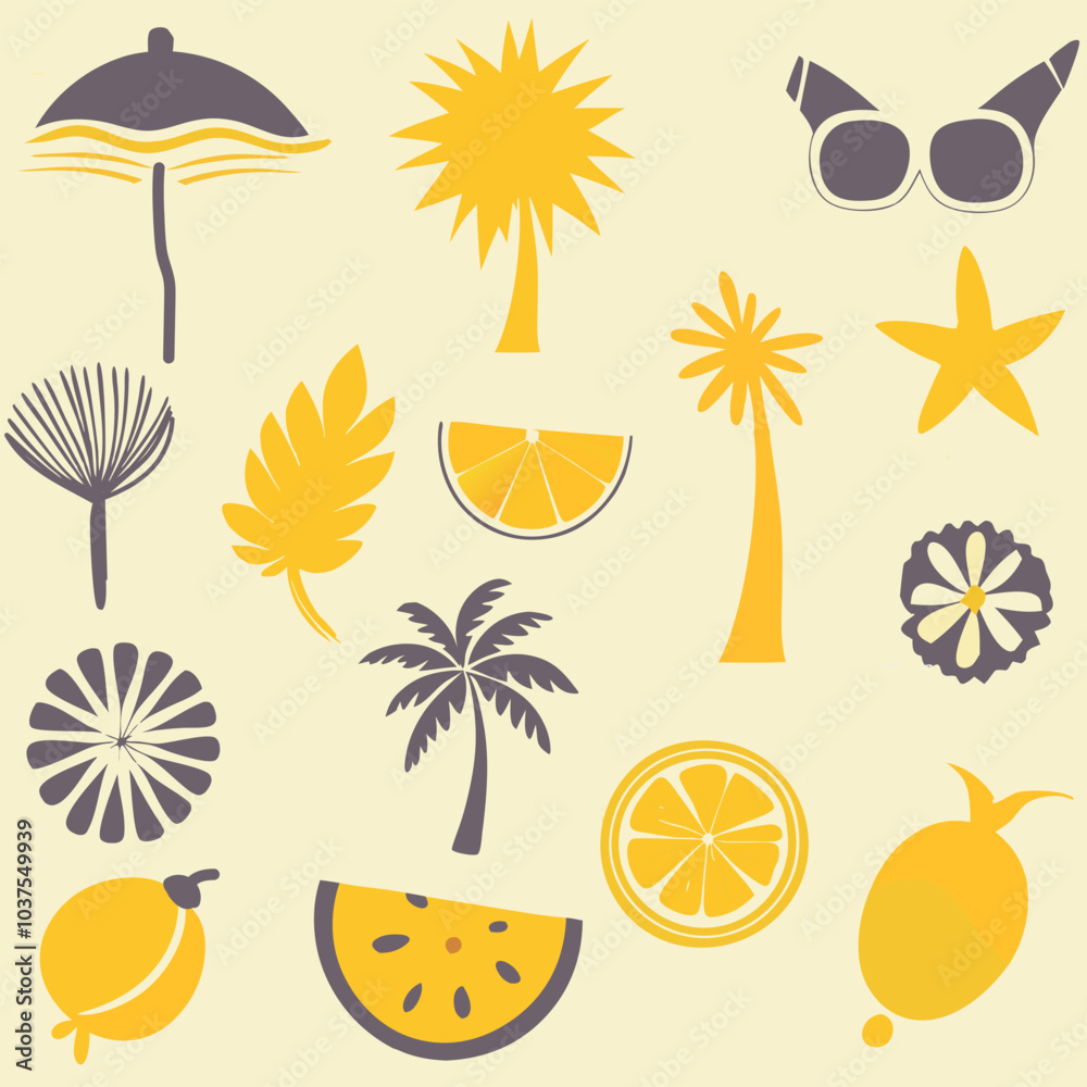 Collection of summer icon, vector illustration design, monochrome geometric yellow summer Collection. Collection of summer icon, vector illustration design, monochrome geometric yellow summer Collection.