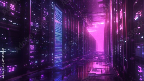 Wallpaper Mural Futuristic server room with glowing neon lights and data flowing through the servers. Torontodigital.ca