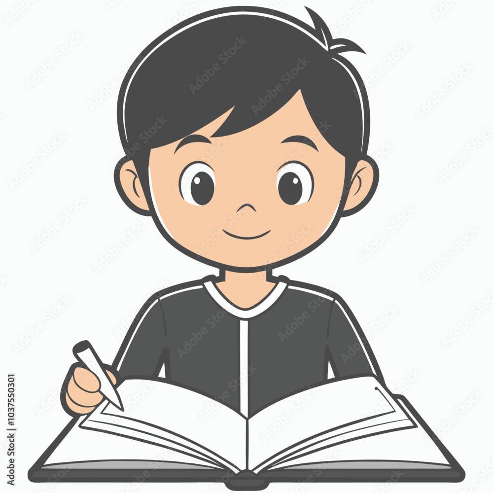 Boy Reading Book Outline Vector Illustration | Minimalist Line Art on White Background Boy Reading Book Outline Vector Illustration | Minimalist Line Art on White Background
