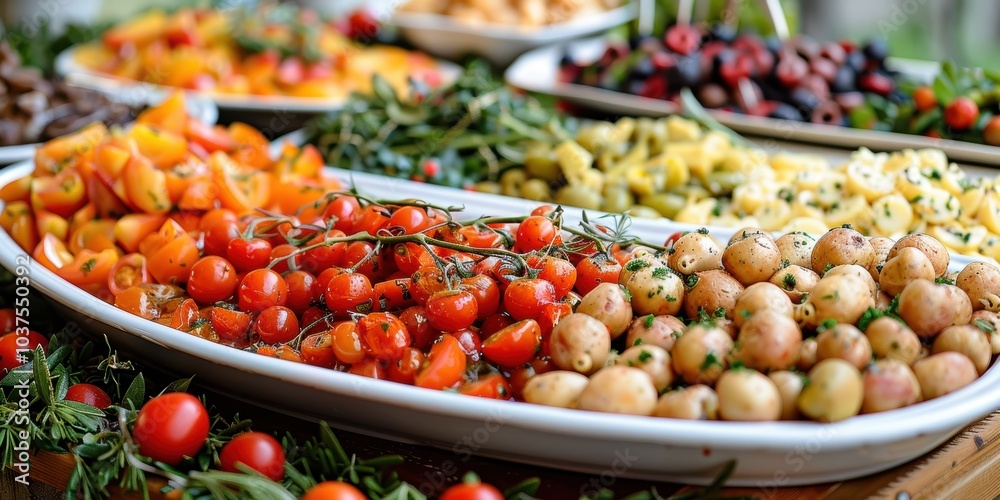 A vibrant and colorful display of various fresh vegetables and herbs arranged in bowls on a table, showcasing a healthy and appetizing meal setting
