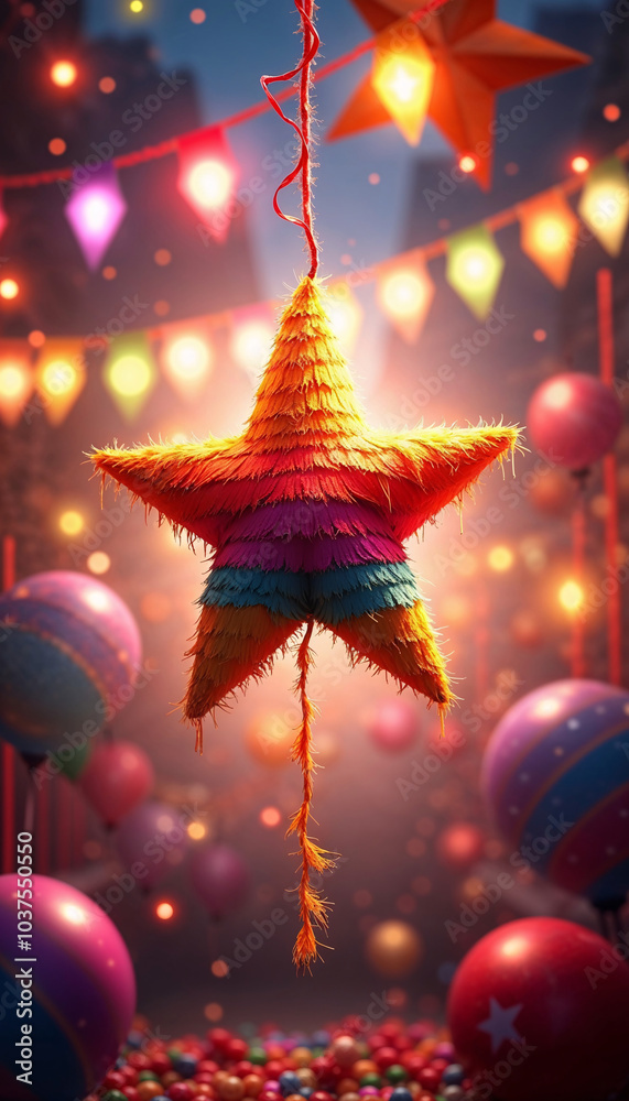 Obraz premium Colorful piñata star hanging at festive celebration