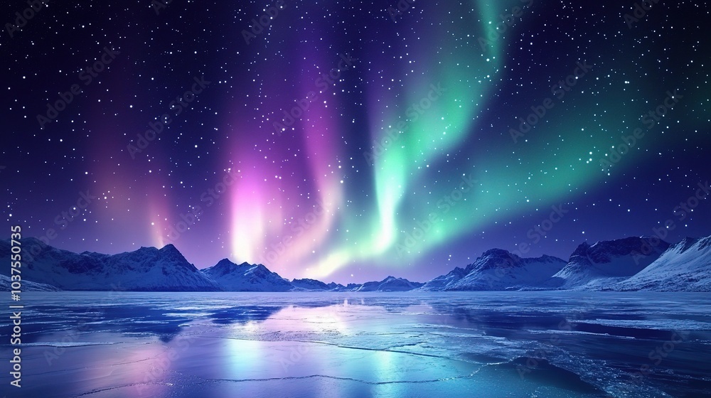 Aurora borealis over Frozen Lake Aurora borealis over Frozen Lake
