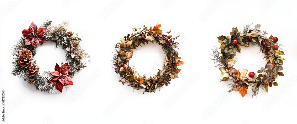 Three Christmas wreaths collection isolated on a white background. Christmas wreaths with red and gold decorations Three Christmas wreaths collection isolated on a white background. Christmas wreaths with red and gold decorations