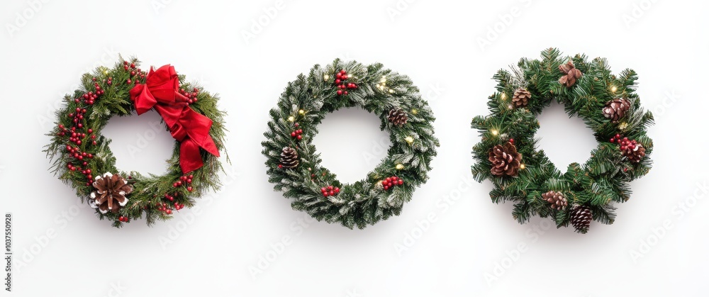 Three Christmas wreaths collection isolated on a white background. Christmas wreaths with red and gold decorations