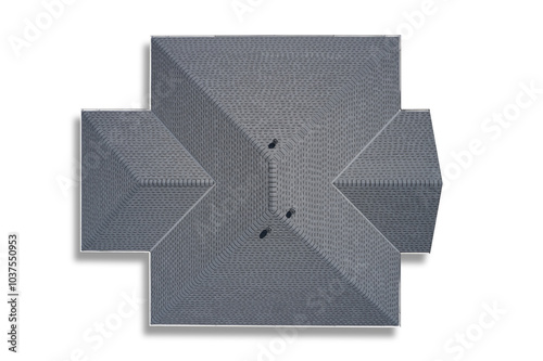 Top view of the new roof of the house made of soft bitumen tiles on an isolated background