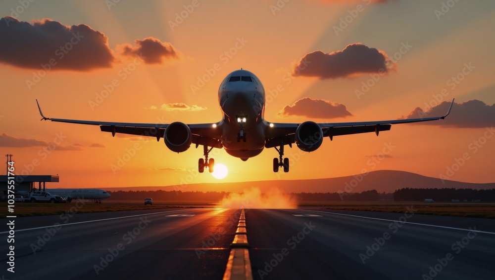 Naklejka premium Aircraft lifts off during sunset departure