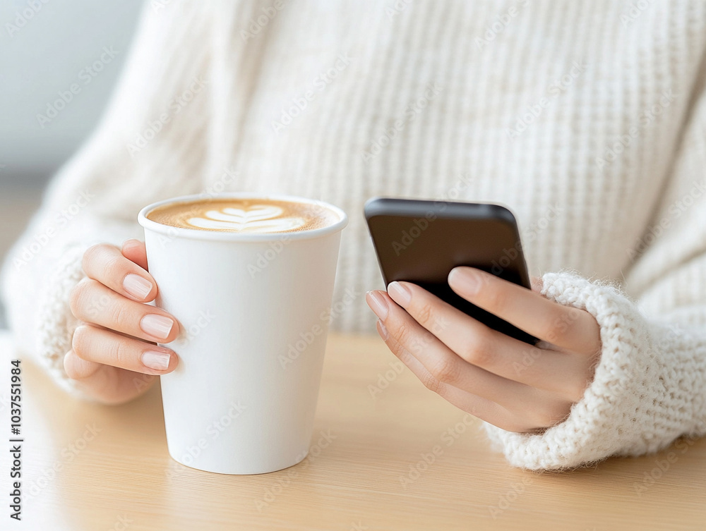 Young woman at cafe drinking coffee and using mobile phone
Young woman at cafe drinking coffee and using mobile phone