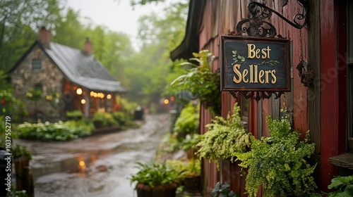 A tranquil rainy day at a quaint countryside village with a rustic bookshop featuring a Best Sellers sign and lush greenery surrounding the area