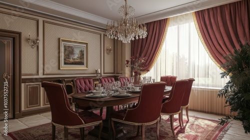 Elegant Dining Room with Luxurious Decor and Rich Red Curtains with Classic Chandelier Lighting