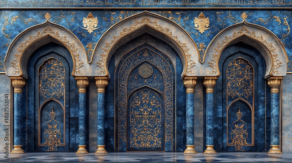 Obraz premium Ornate blue and gold architectural facade with intricate arches and doors.