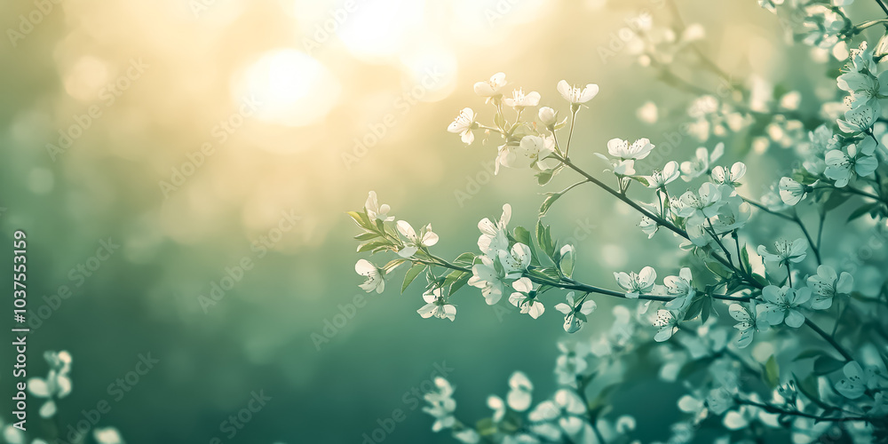 Tree with white flowers is in the foreground. The background is a light green color. The image has a peaceful and calming mood