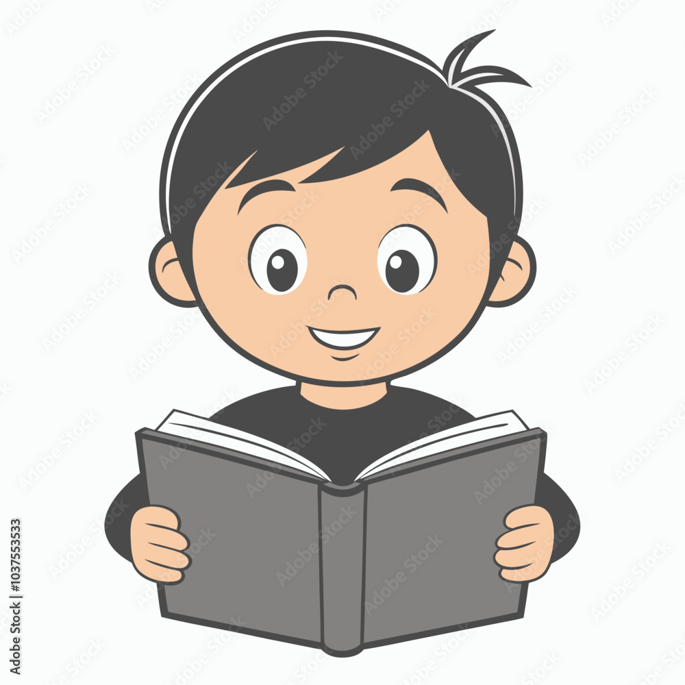 Boy Reading Book Outline Vector Illustration | Minimalist Line Art on White Background Boy Reading Book Outline Vector Illustration | Minimalist Line Art on White Background