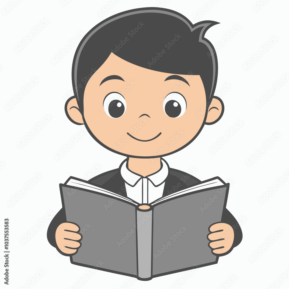 Boy Reading Book Outline Vector Illustration | Minimalist Line Art on White Background Boy Reading Book Outline Vector Illustration | Minimalist Line Art on White Background