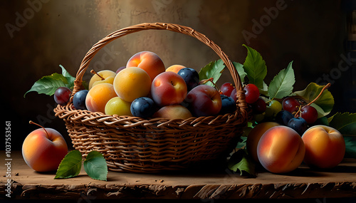  Fresh fruit assortment in woven basket on rustic wooden table  photo