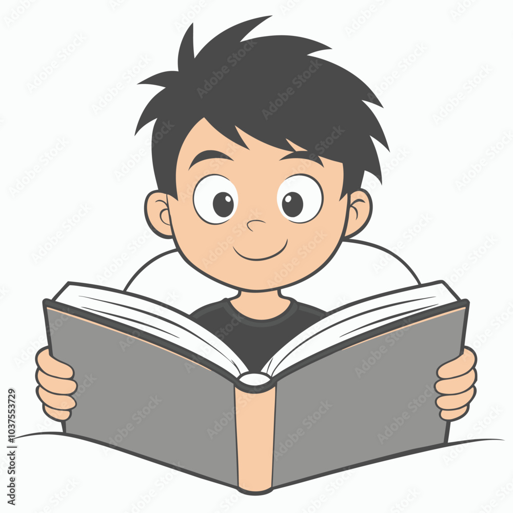 Boy Reading Book Outline Vector Illustration | Minimalist Line Art on White Background Boy Reading Book Outline Vector Illustration | Minimalist Line Art on White Background
