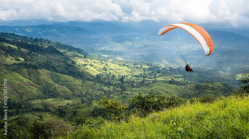 Paragliding Adventure: A paraglider soars high above a breathtaking landscape of lush green valleys, mountains, and clouds. Paragliding Adventure: A paraglider soars high above a breathtaking landscape of lush green valleys, mountains, and clouds.